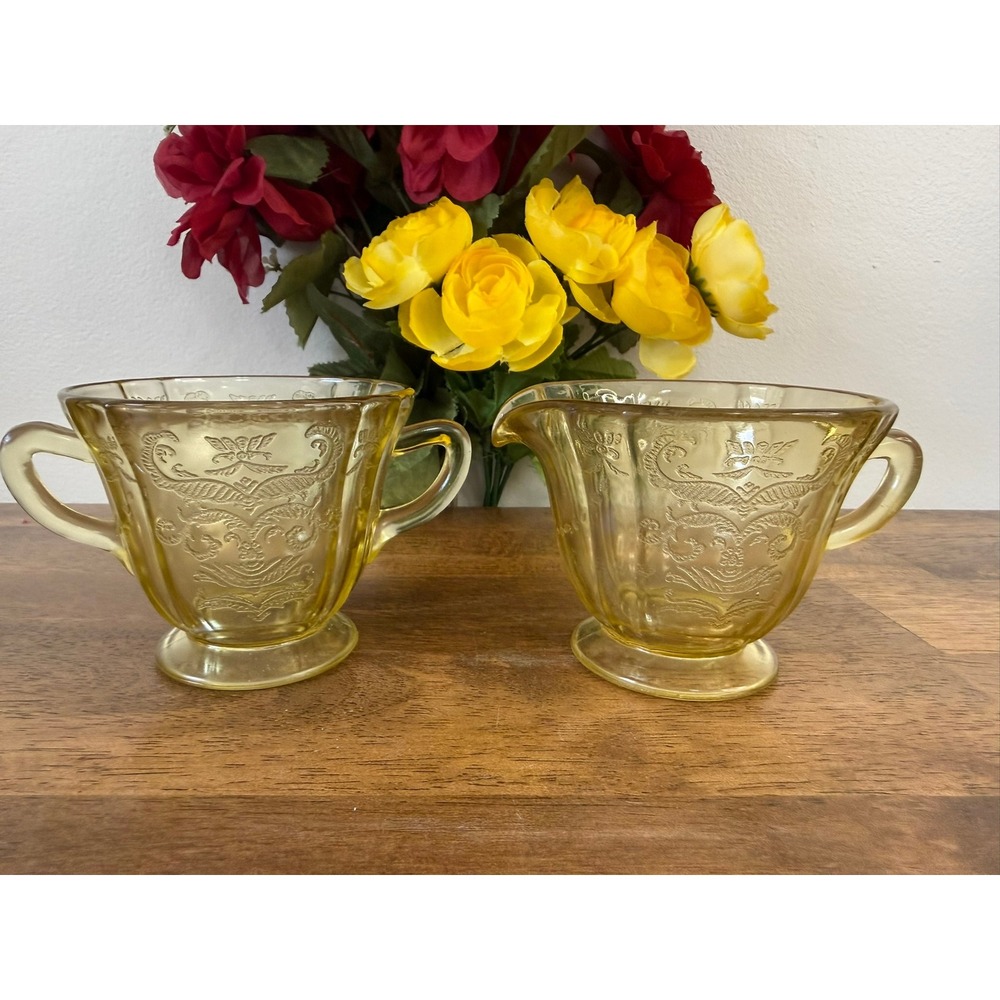 Federal Glass Madrid Amber Creamer Sugar Set Depression Glass Vintage Dining